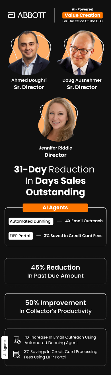 Ahmed Doughri, Sr. Director, Doug Ausnehmer, Sr. Director, and Jennifer Riddle, Director at Abbott highlight 31-day reduction in DSO with HighRadius AI Agents Value Creation