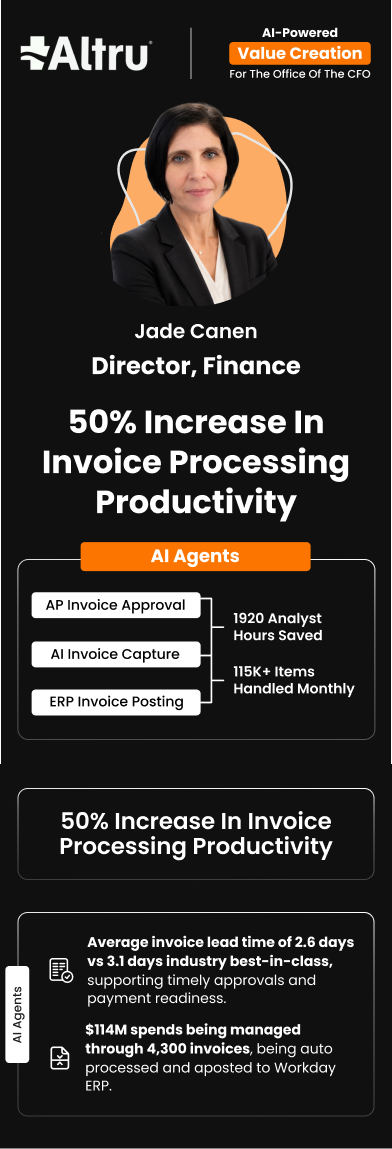 Jade Canen (Director, Finance) at Altru Health Systems highlight 50% invoice processing productivity boost with HighRadius AI Agents and 63% Faster invoice processing Value Creation