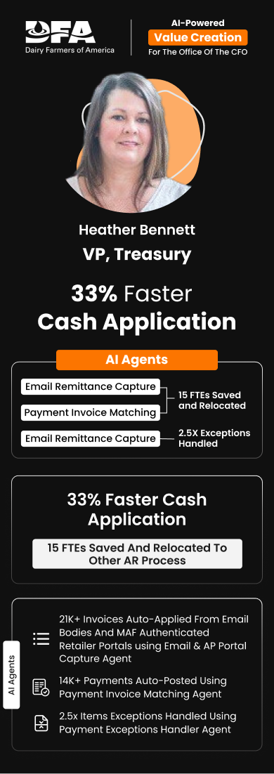 Heather Bennett (VP Treasury) at Dairy Farmers of America, highlights 33% faster cash application with HighRadius AI Agents Value Creation