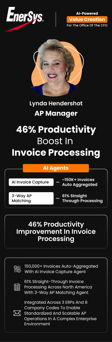 Lynda Hendershot (AP Manager) at EnerSys highlights 46% invoice processing productivity boost with HighRadius AI Agents and 61% straight through processing Value Creation