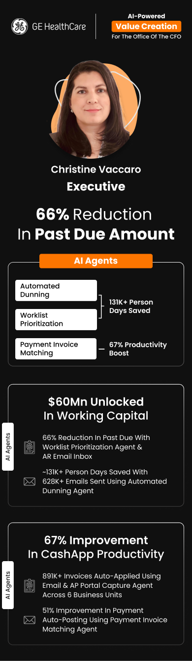 Christine Vaccaro (Executive, Global OTC), at GE HealthCare, highlights 66% reduction in past dues with HighRadius AI Agents Value Creation
