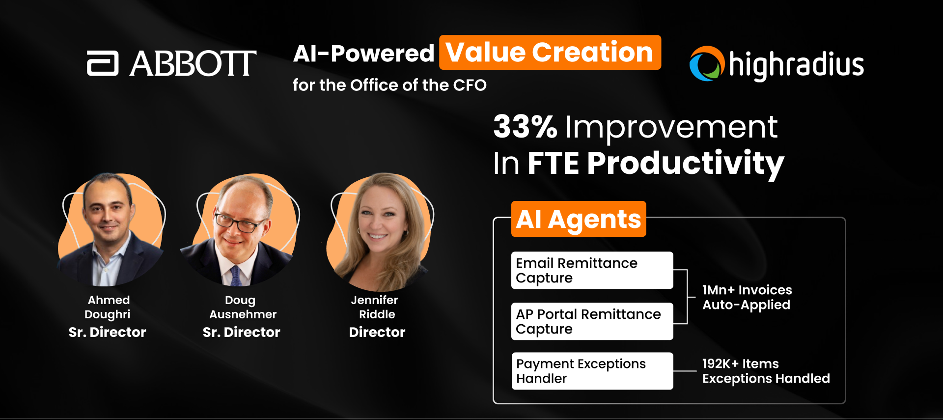 Ahmed Doughri (Sr. Director), Doug Ausnehmer (Sr. Director), and Jennifer Riddle (Director) at Abbott highlight 33% FTE productivity improvement with HighRadius AI Agents