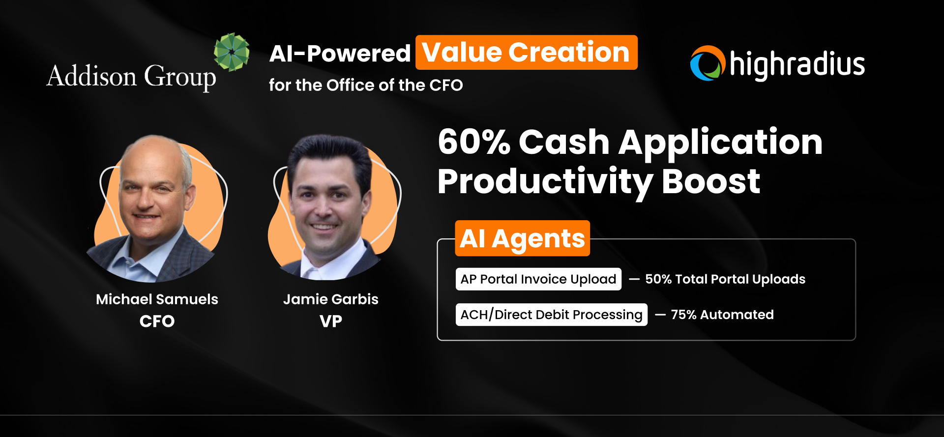 Michael Samuels (CFO) & Jamie Garbis (VP) at Addison Group achieved a 60% cash application productivity boost using HighRadius AI Agents for the CFO office.