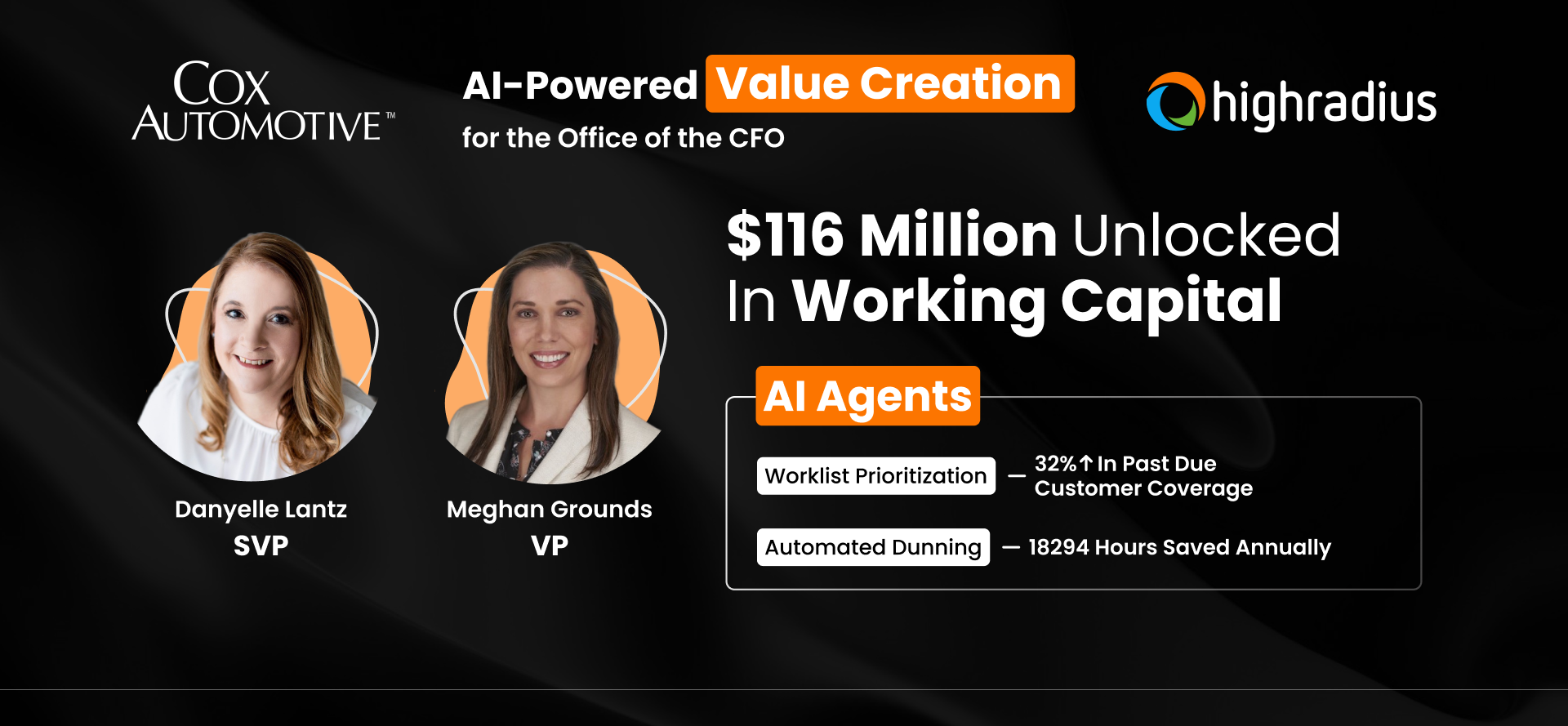 Danyelle Lantz (SVP) & Meghan Grounds (VP) at Cox Automotive unlocked $116M in working capital using HighRadius AI Agents for the CFO office