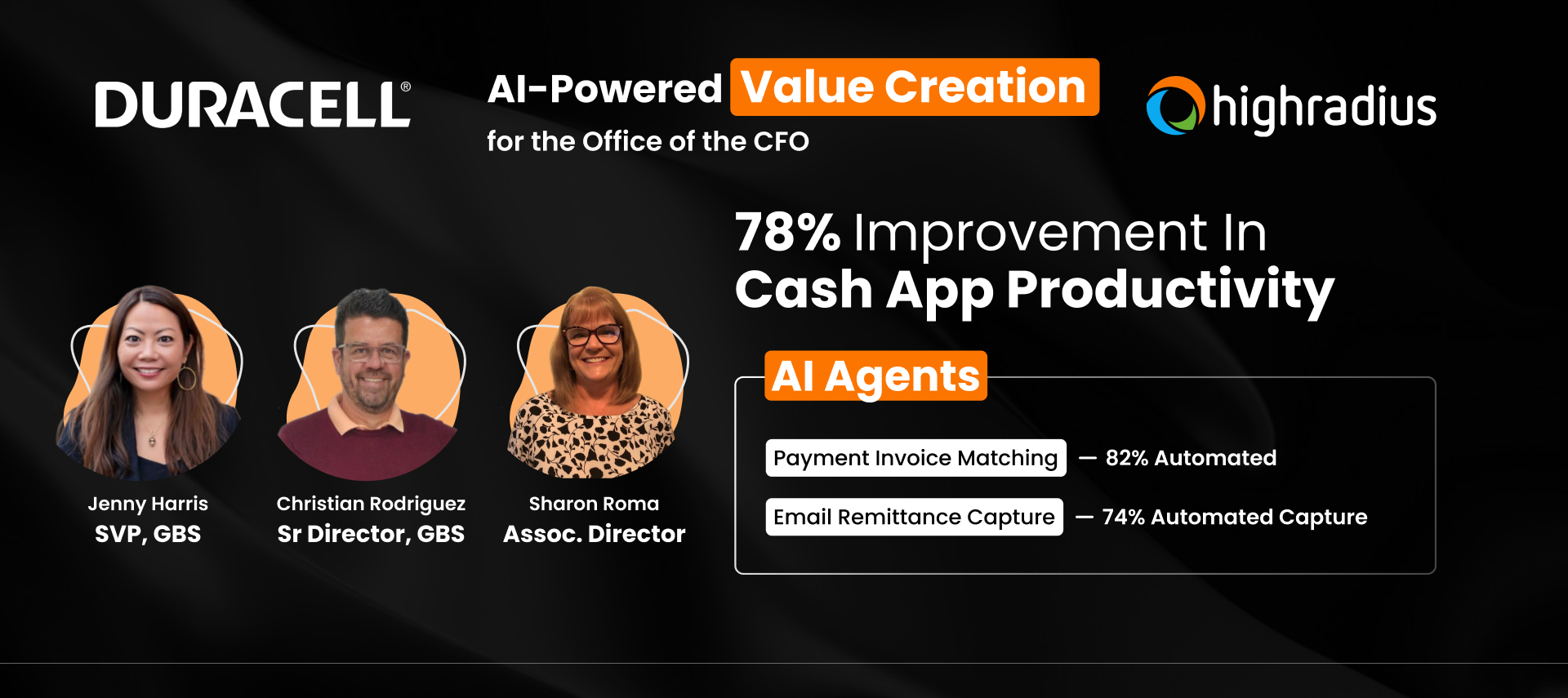 Jenny Harris, Christian Rodriguez, and Sharon Roma at Duracell achieved 78% improvement in cash app productivity using HighRadius AI for the Office of the CFO