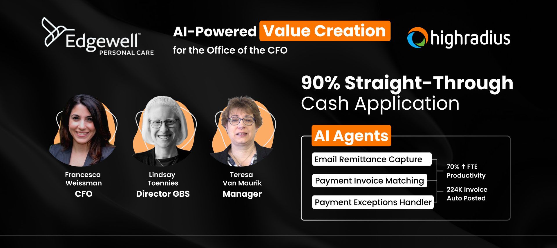 Francesca Weissman (CFO), Lindsay Toennies (Director GBS) & Teresa Van Maurik (Manager) at Edgewell achieved 90% STP using HighRadius AI Agents for the CFO office