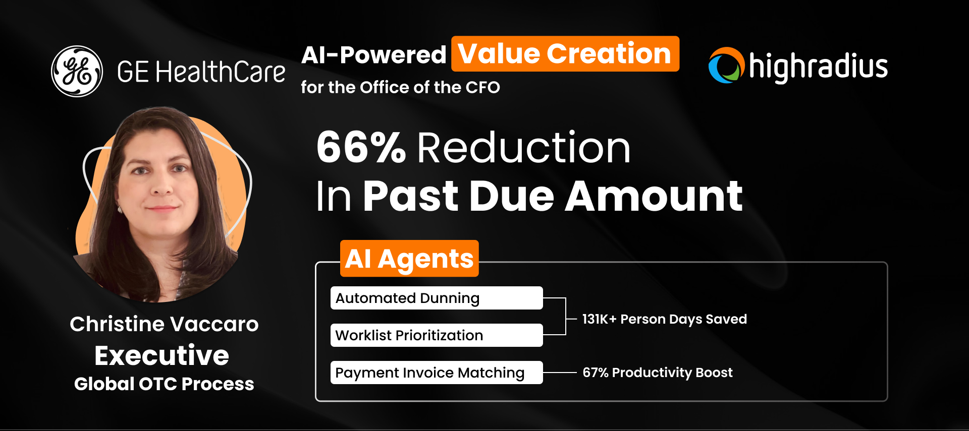 Christine Vaccaro (Executive, Global OTC), at GE HealthCare, highlights 66% reduction in past dues with HighRadius AI Agents