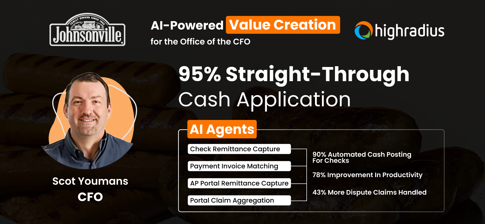 Scot Youmans, CFO at Johnsonville, achieved 95% straight-through cash application and a 78% improvement in FTE productivity using AI Agents.
