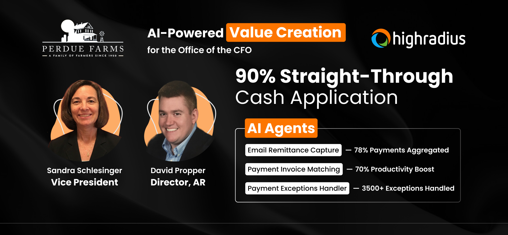 Sandra Schlesinger (Vice President) & David Propper (Director, AR) at Perdue Farms achieved 90% STP using HighRadius AI Agents