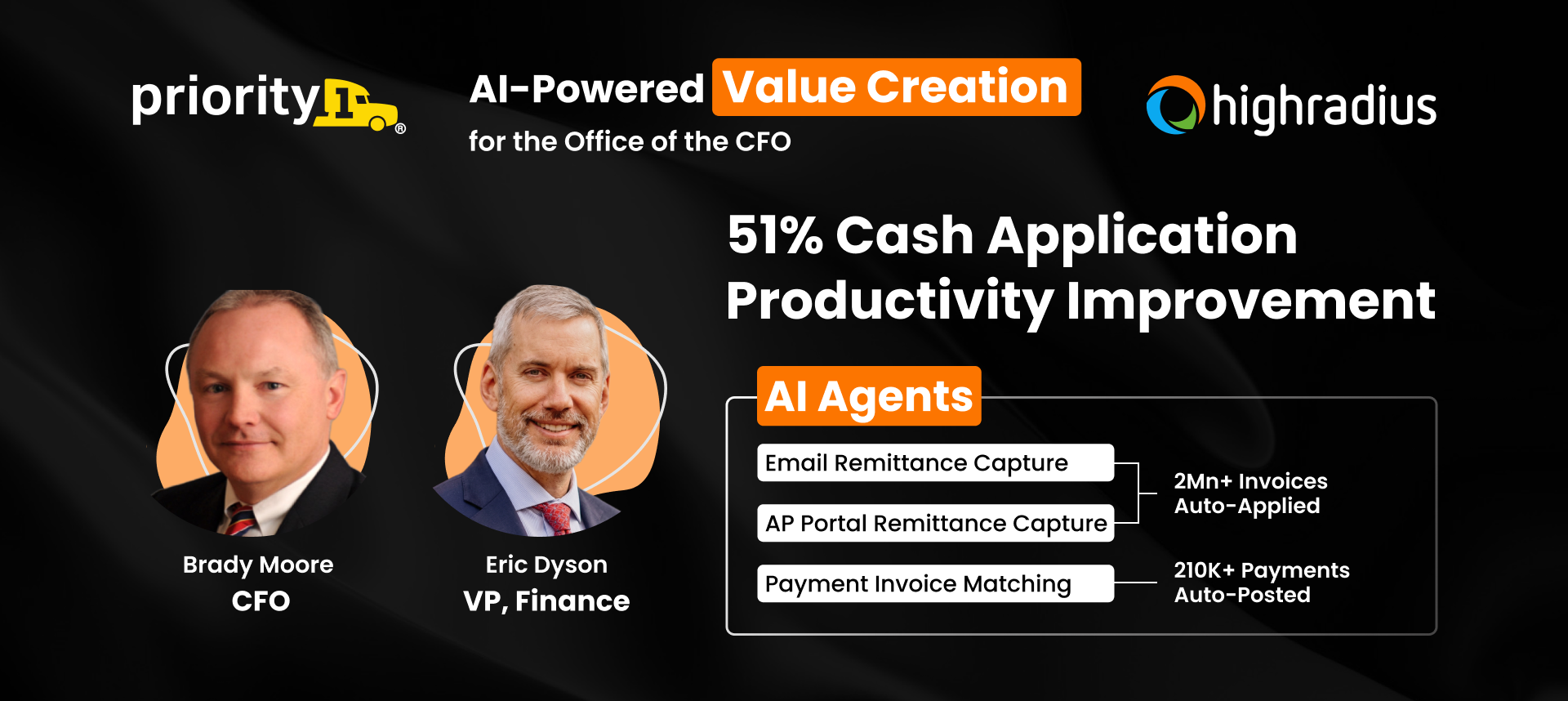 Brady Moore (CFO) & Eric Dyson (VP) at Priority1 highlight 51% cash application productivity improvement with HighRadius AI Agents