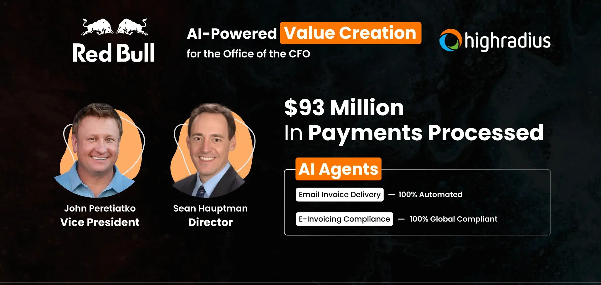 Red Bull processed $93M in payments with 5400+ customers using the portal, led by John Peretiatko & Sean Hauptman.