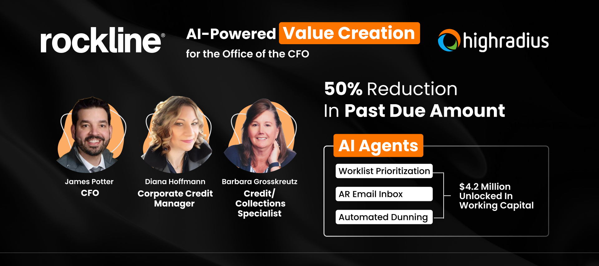 James Potter, CFO at Rockline, along with Diana Hoffmann and Barbara Grosskreutz, highlights 50% lower past dues and $4.2M unlocked in working capital with HighRadius