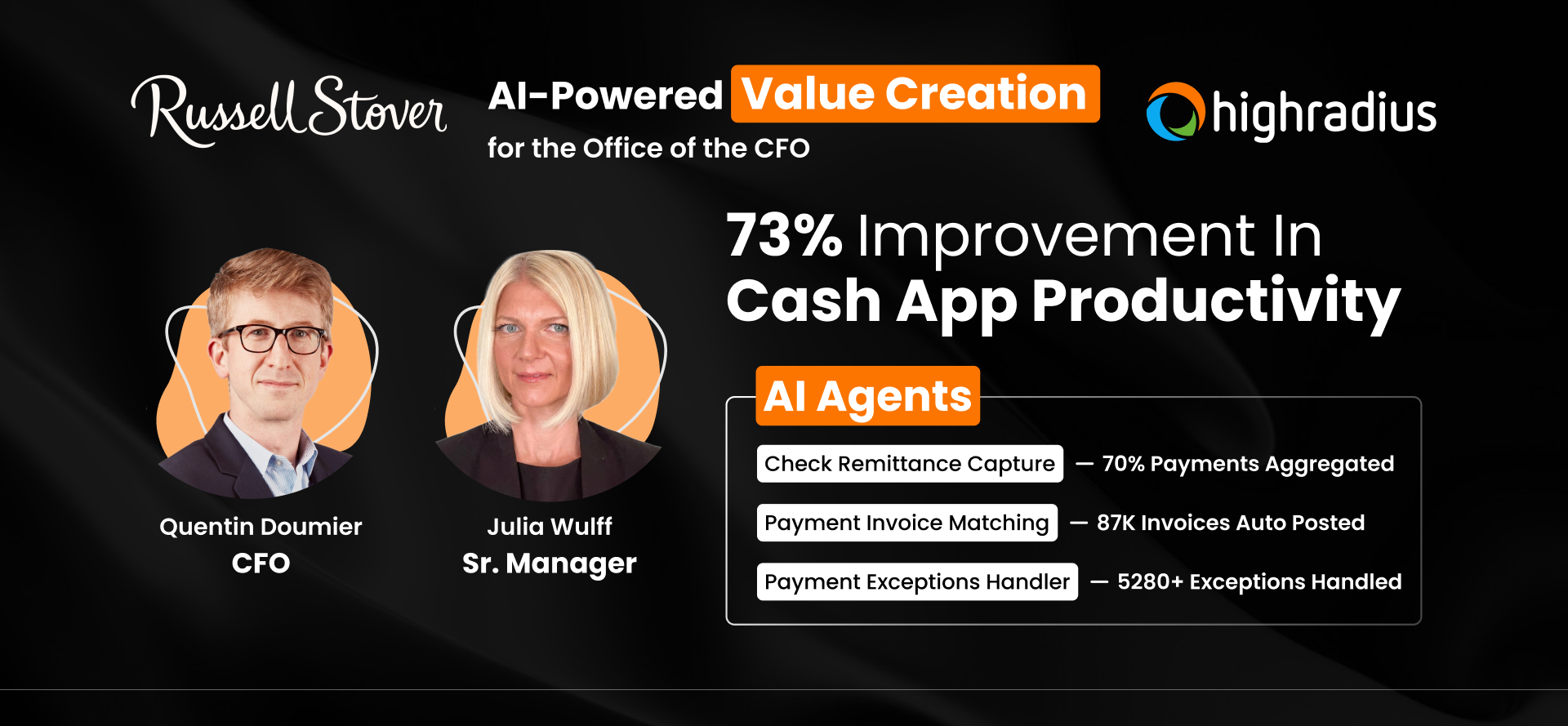 Quentin Doumier (CFO) & Julia Wulff (Sr. Manager) at Russell Stover achieved 78% STP using HighRadius AI Agents for the CFO office