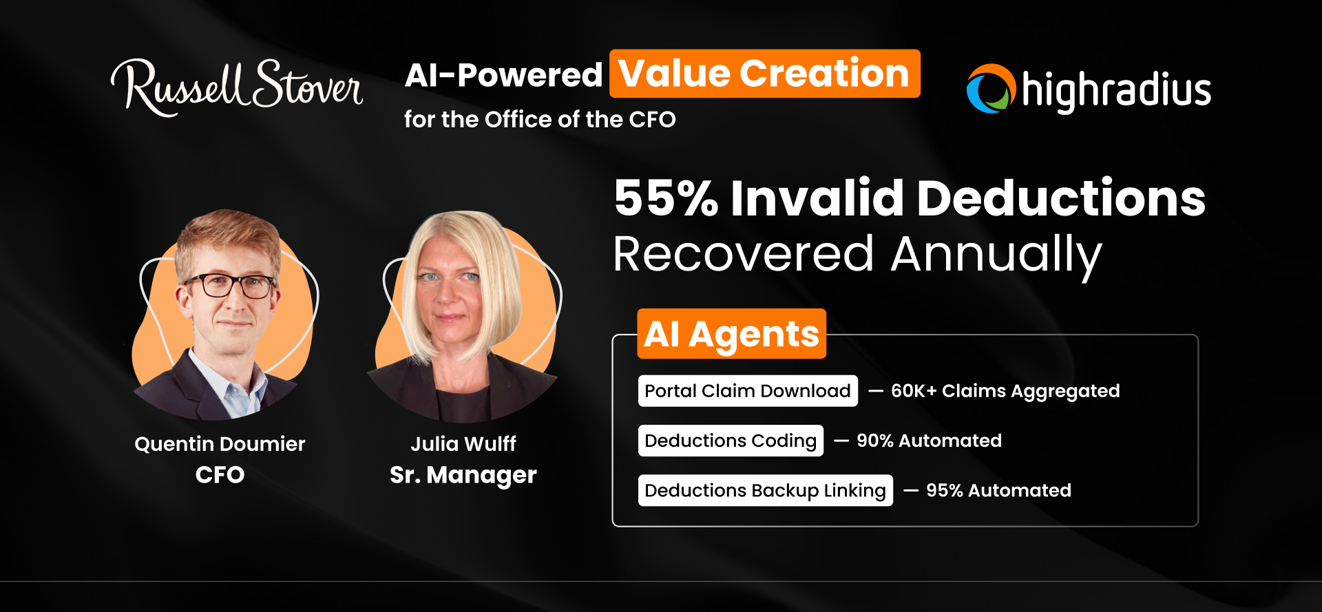 Quentin Doumier (CFO) & Julia Wulff (Sr. Manager) at Russell Stover recovered 55% invalid deductions using HighRadius AI Agents for the CFO office