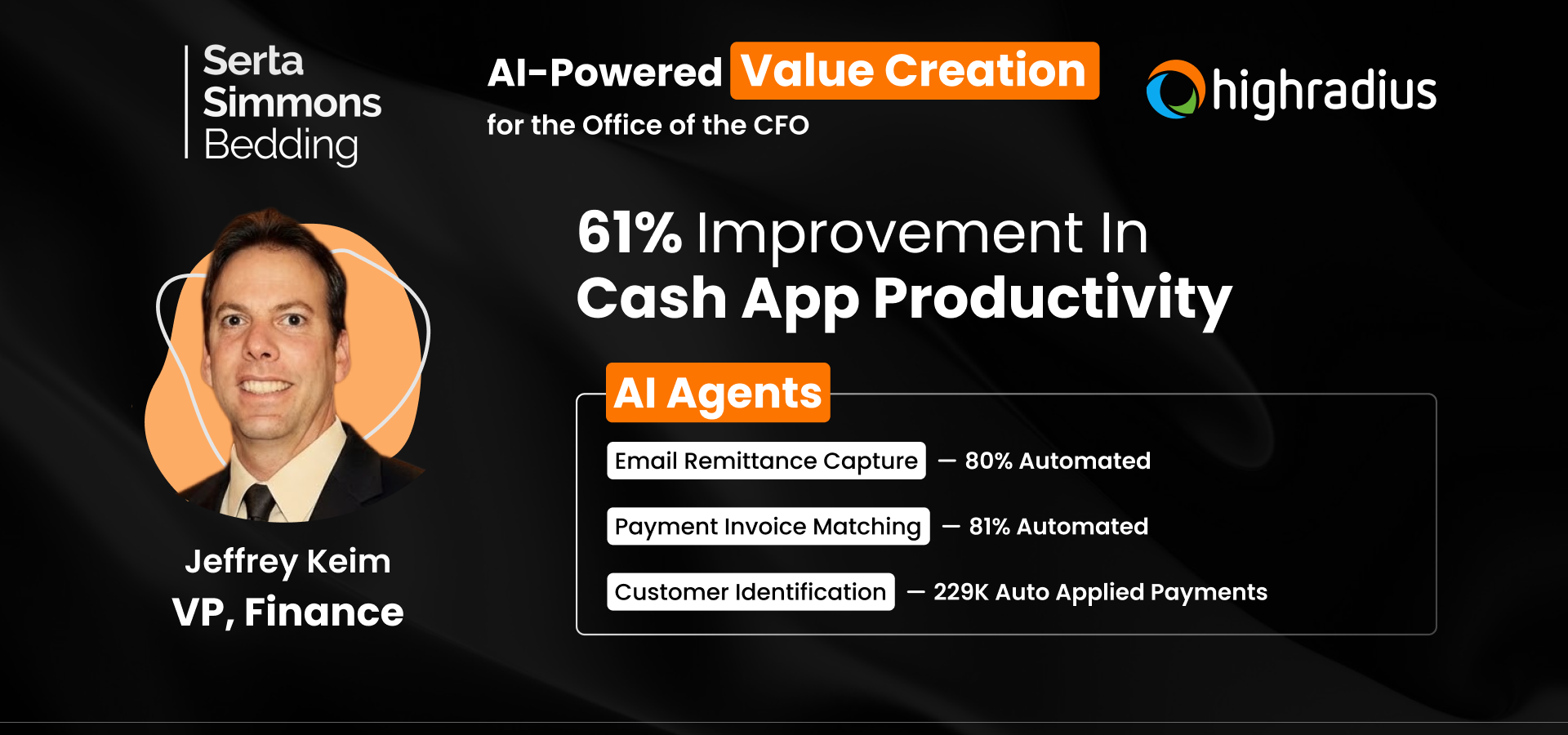 Jeffrey Keim (VP, Finance) at Serta Simmons achieved 81% STP using HighRadius AI Agents for the CFO office