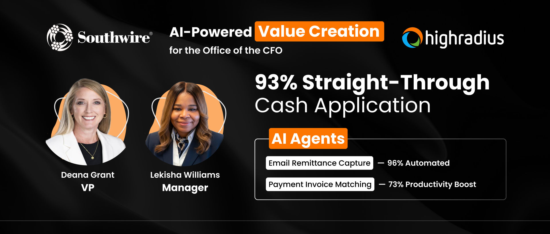 Deana Grant (VP) & Lekisha Williams (Manager) at Southwire achieved 93% STP using HighRadius AI Agents for the CFO office