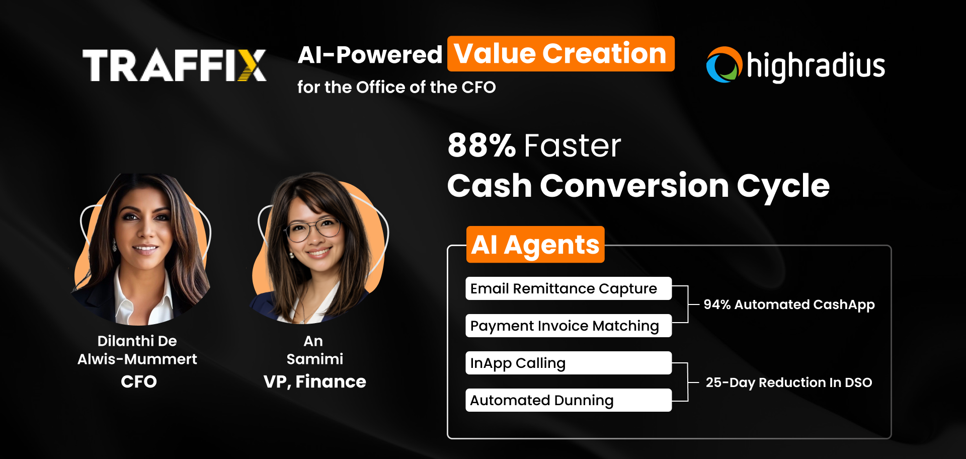 Dilanthi De-Alwis-Mummert, CFO, and An Samimi, VP Finance at Traffix highlight 88% reduction in cash conversion cycle with HighRadius AI Agents