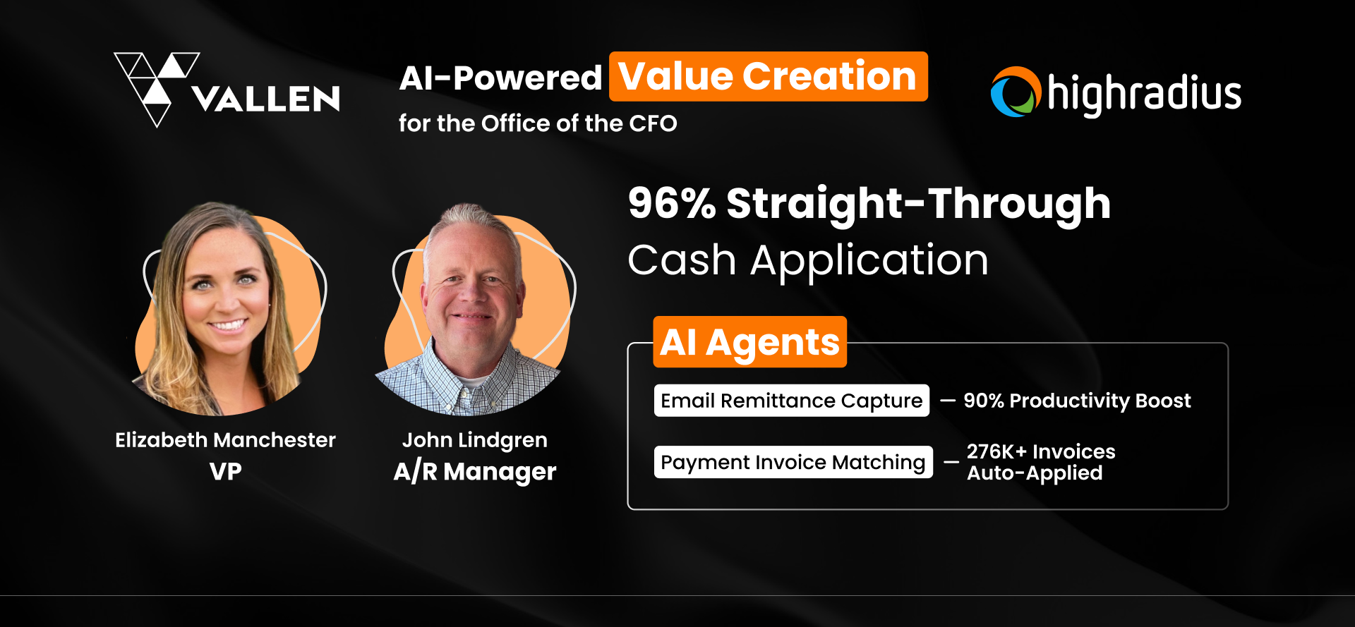 Elizabeth Manchester (VP) and John Lindgren (A/R Manager) at Vallen achieved 96% straight-through cash application using HighRadius AI-powered value creation