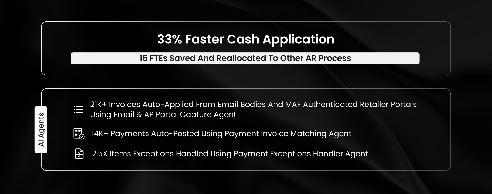 DFA achieves 33% faster cash application with HighRadius AI Agents saving 15 FTEs, auto-applying 21K+ invoices, posting 14K+ payments, and handling 2.5x more exceptions