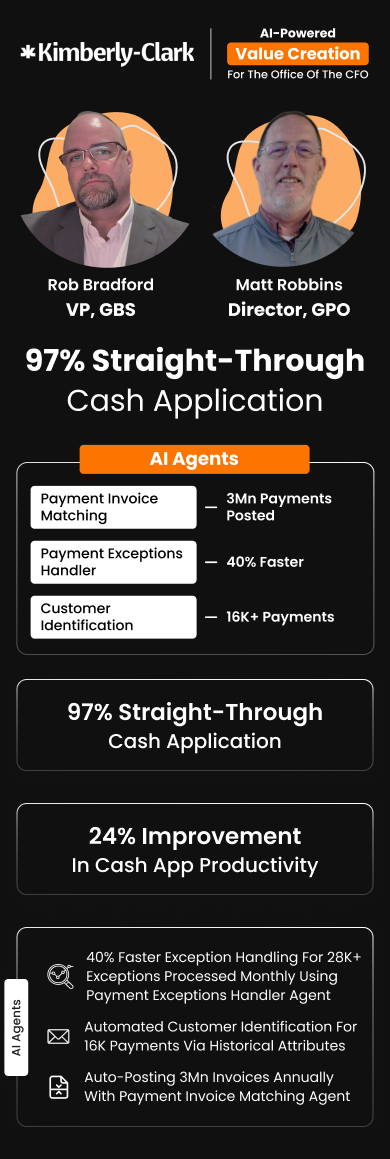 Rob Bradford (VP, GBS) & Matt Robbins (Director, GPO) at Kimberly-Clark achieved 97% STP using HighRadius AI Agents for the CFO office Value Creation