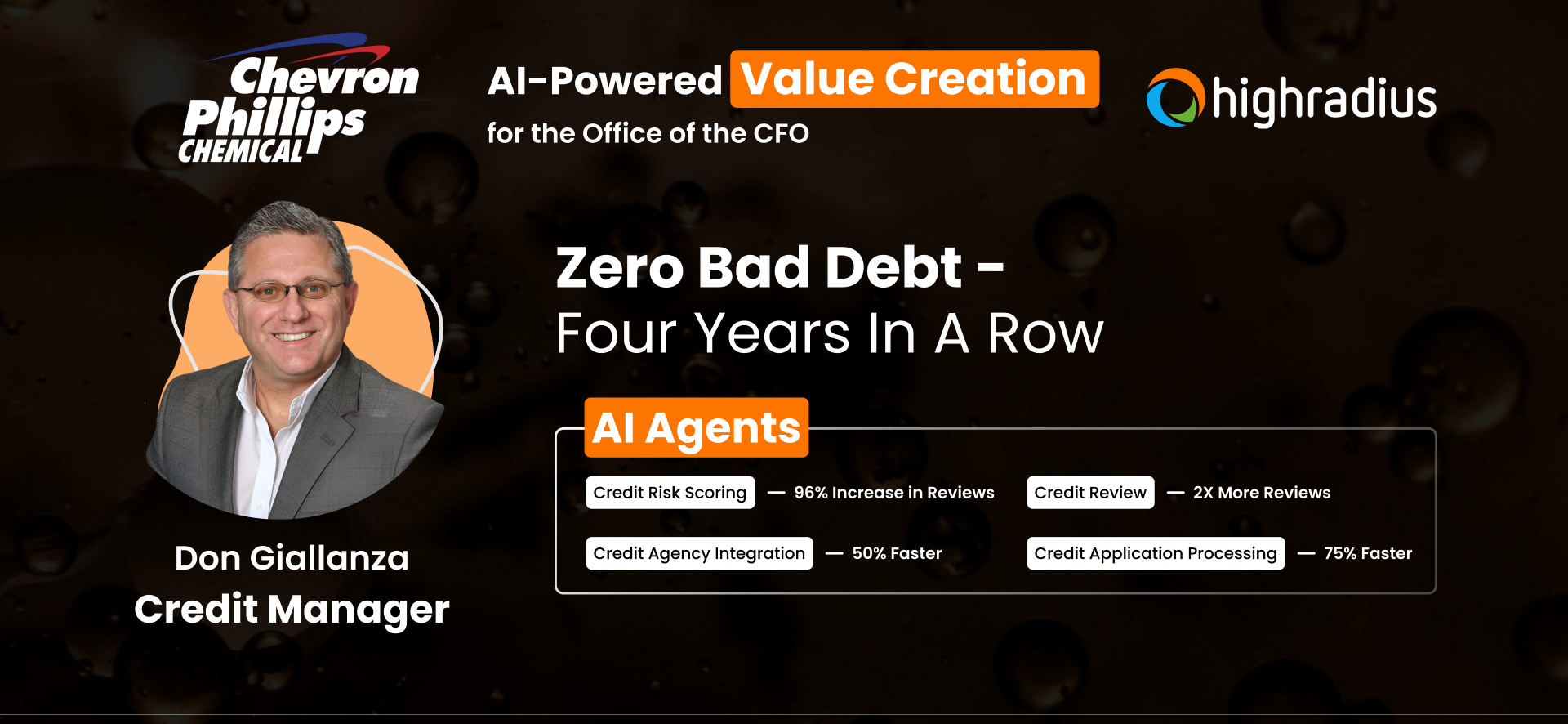 Don Giallanza, Commercial Credit Manager at Chevron Phillips Chemical, celebrates zero bad debt for four consecutive years.