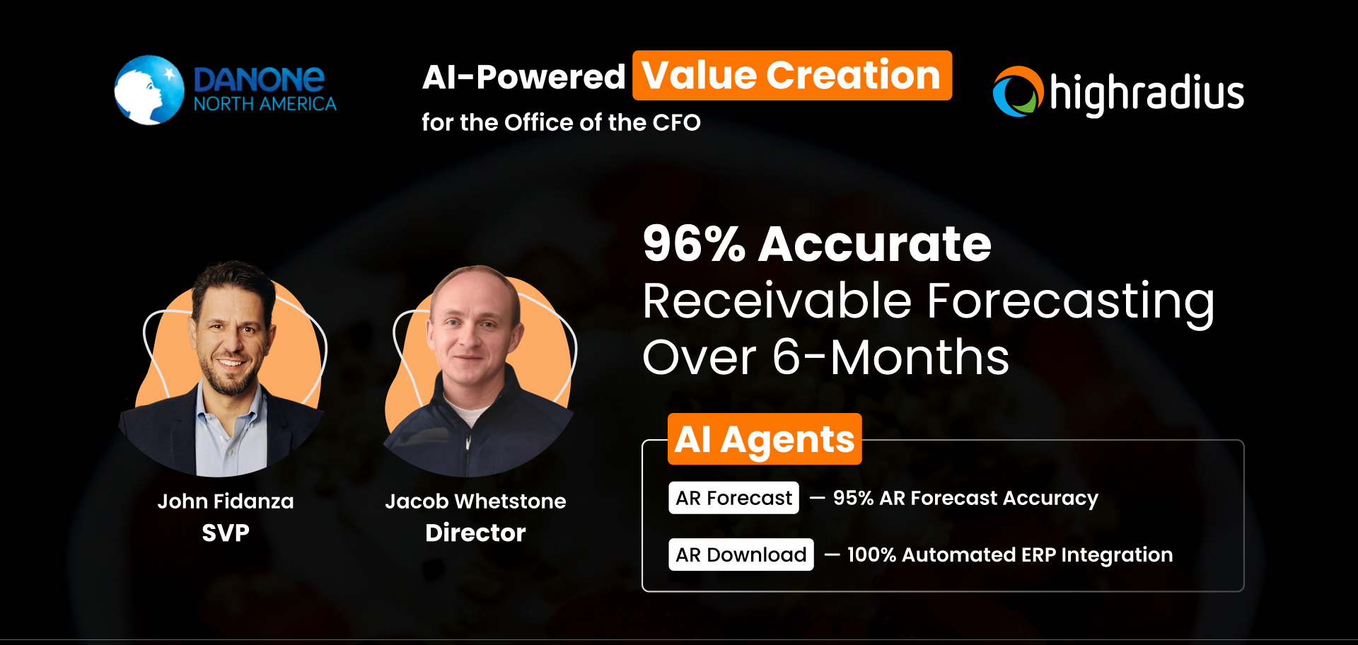 John Fidanza & Jacob Whetstone of Danone achieved 96% forecast accuracy over six months with HighRadius' AI-Agents