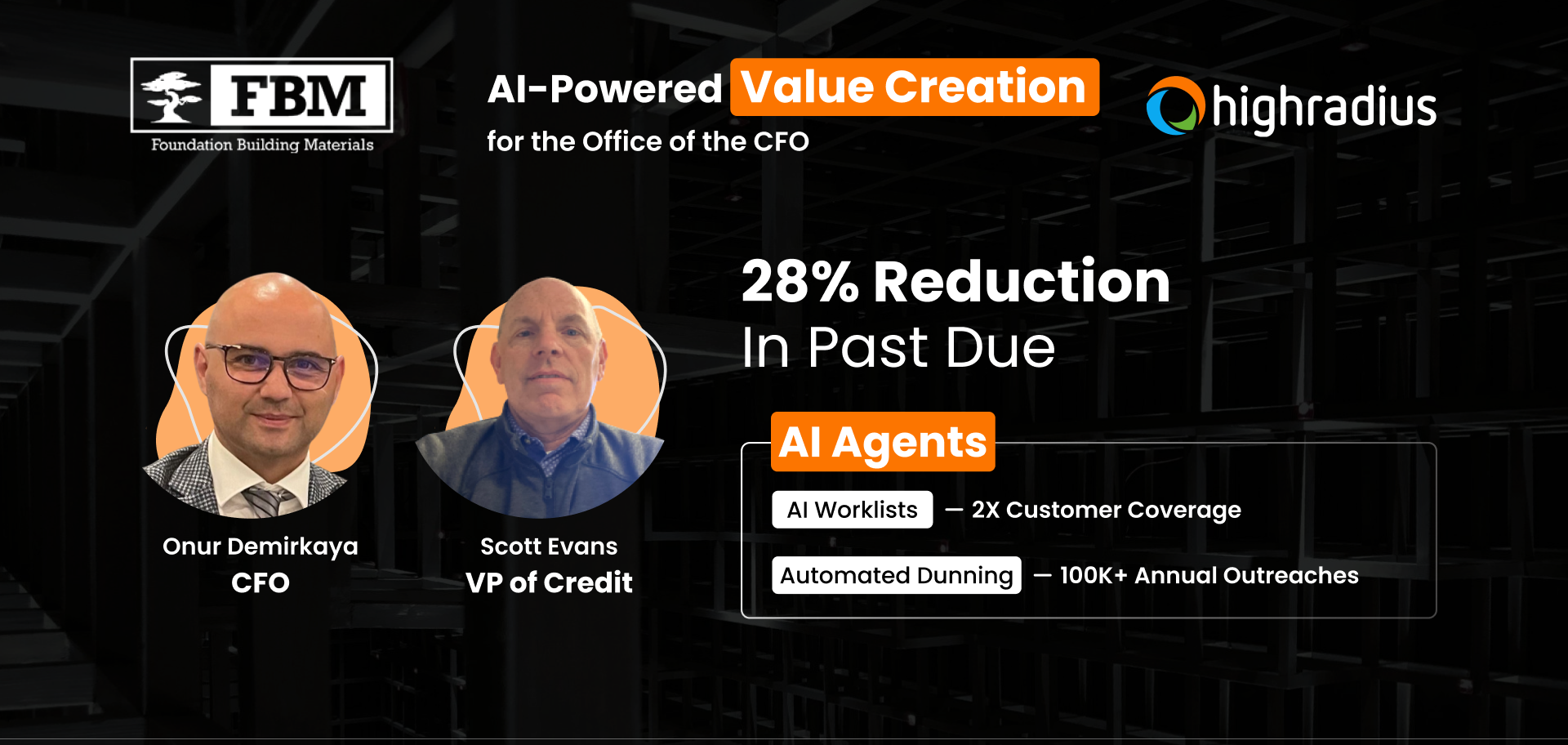 FBM achieved a 28% reduction in past-dues with HighRadius, driven by CFO Onur Demirkaya & VP of Credit Scott Evans