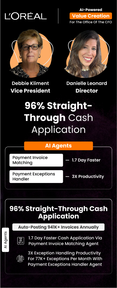 Debbie Kliment & Danielle Leonard from L’Oréal achieved 96% cash app automation, posting over 941K invoices annually Value Creation